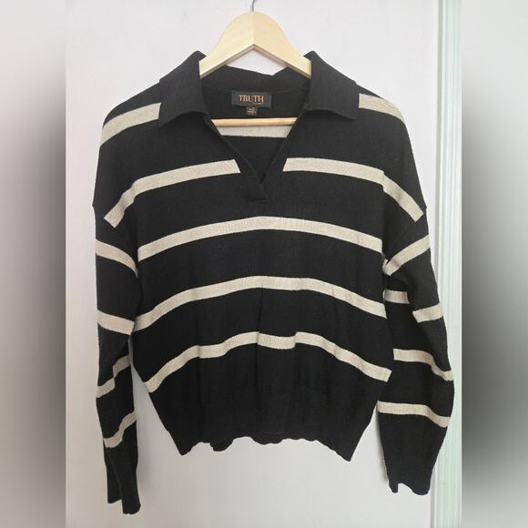 TRUTH by Republic Collared Vneck Black and Tan Striped Womens Sweater Size Large - Picture 1 of 6